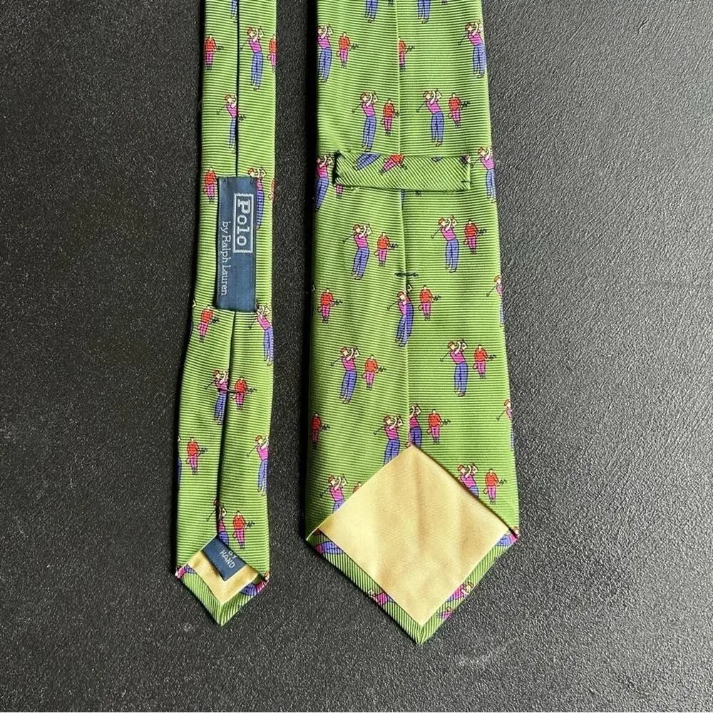 Polo by Ralph Lauren 100% Silk Handmade Tie, Green with Golfers